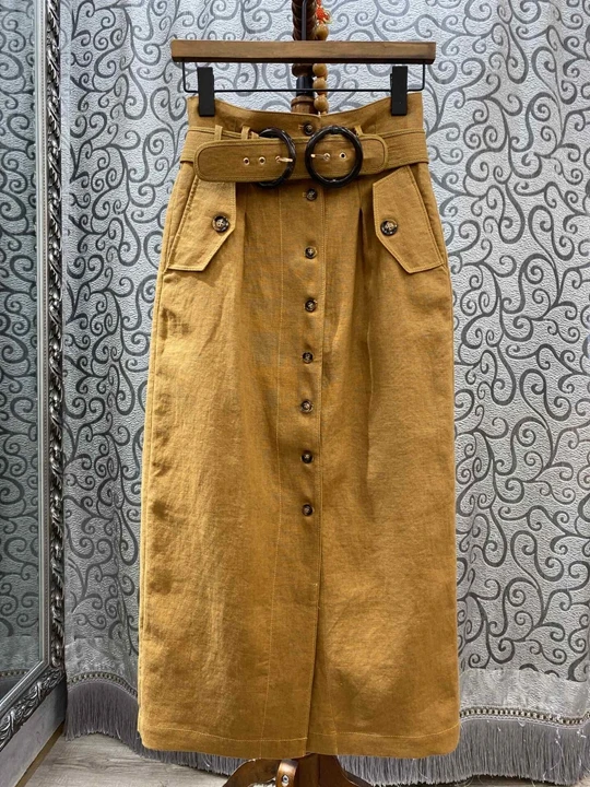 

Early Autumn 2019 New Kind of Women's Fastener Belt Reception Decorative Button Micro-open Fork Mid-long Half-length Skirt 922