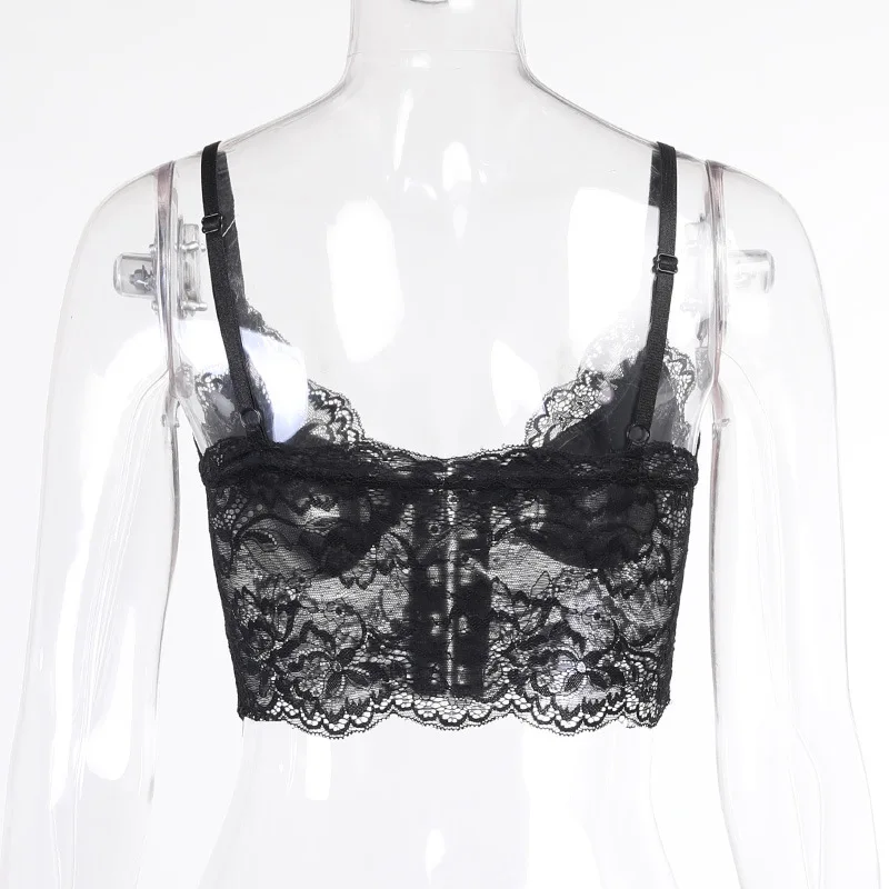 Black Gothic Women Lace Spliced Transparent Camis 2021 Summer Lady Deep V Neck Backless Sexy Camisole Cool Outdoor Streetwear