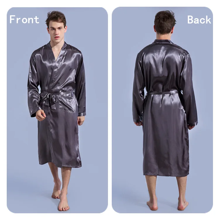 Черный мужской шелковый халат с длинным рукавом халат Летний Новый мужской повседневный халат кимоно с v-образным вырезом юката фланелевый
