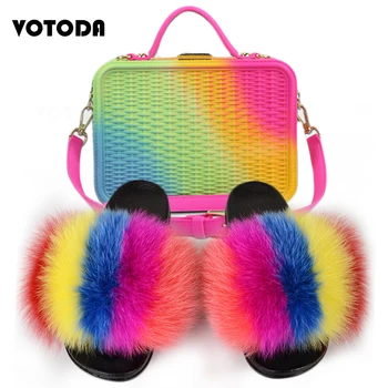 

Women Real Fox Fur Slides Lady Furry Sandals Home Flip Flop Jelly Shoulder Bag Mixed Colors Wallet Fashion Women's Shoes Bag Set