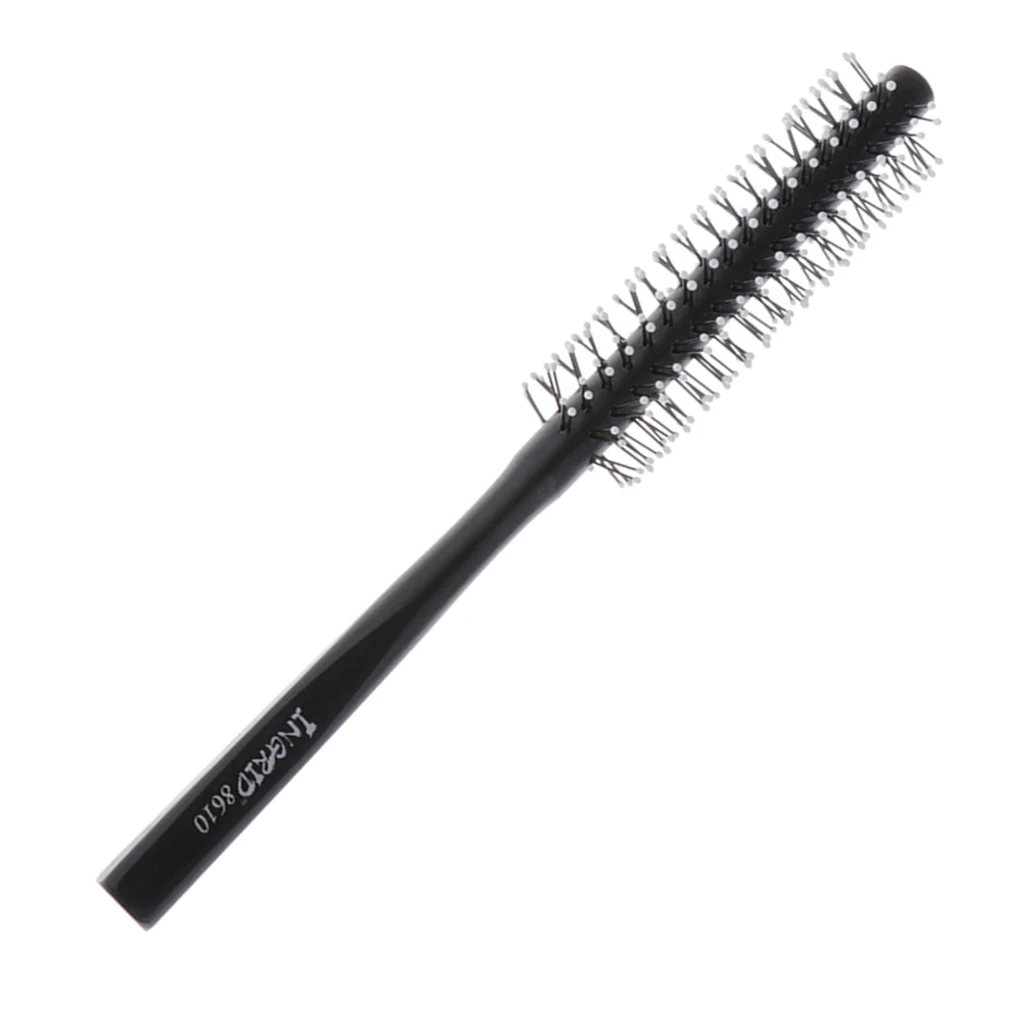1 Piece Black Small Round Hair Brush for Thin or Short Hair, Mini Round Nylon Hair Brush With Wooden Handle for Men & Women