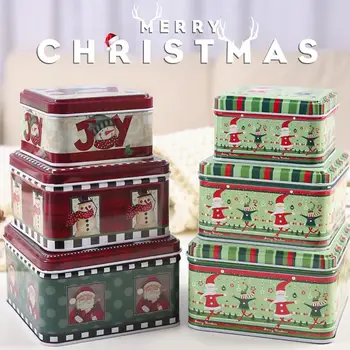 

3pcs/set Christmas Rectangle Cartoon Candy Cans Santa Claus Snowman Elk Homemade Cookies Snacks Iron Boxes Party Sweets Gift