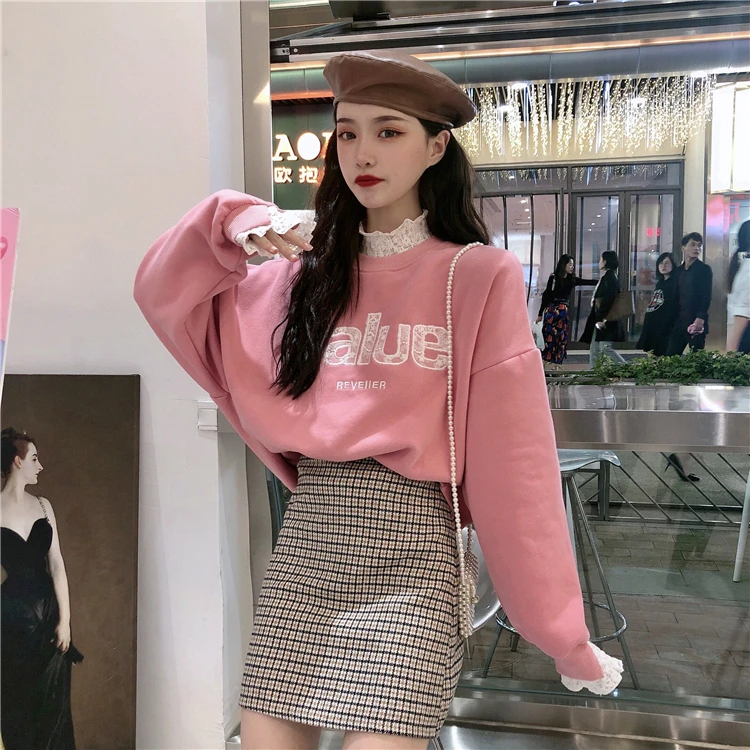 Осенняя новая Толстовка Женская Корейская ins Harajuku шикарная кружевная кромка поддельные два плюс бархат толстый с длинными рукавами Повседневная Женская толстовка