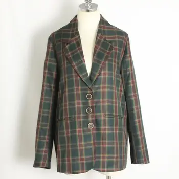 

2020 autumn Vintage avocado green plaid blazer women notched single breasted loose suit jacket