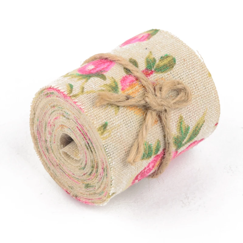 3M Vintage Rose Floral Print Burlap Hessian Ribbon Fabric Wedding Craft Decors