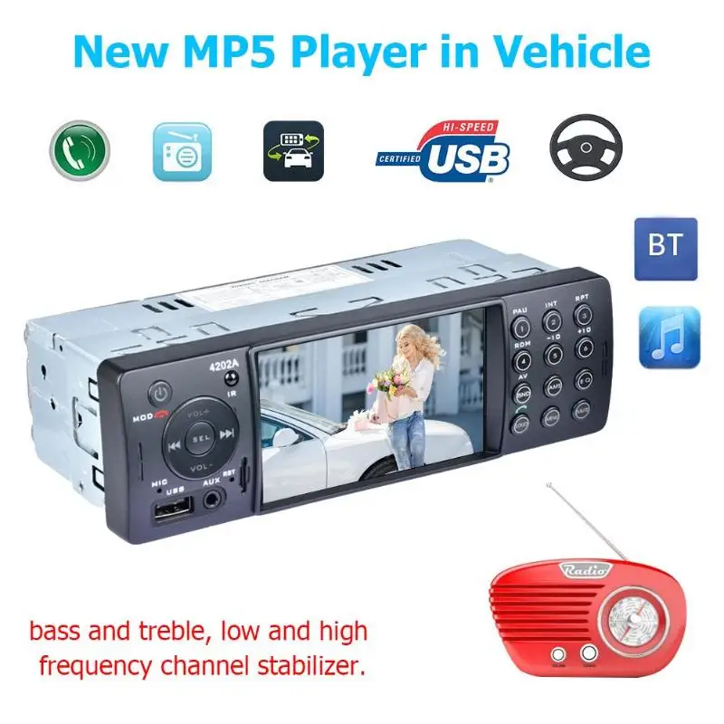 4202A 4,1 дюймов автомобильное радио Bluetooth MP5 плеер TF AUX USB цифровой медиаприемник двунаправленный видео выход и функция отключения звука