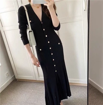 

French S family early autumn new V-neck button long black knit long sleeve cardigan dress female