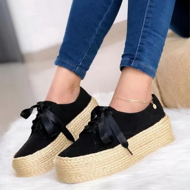 Puimentiua Fashion Women Ladies Espadrille Shoes Canvas Thick bottom Flats Shoes Girls Lace up Round Toe Casual Flats - Цвет: black B