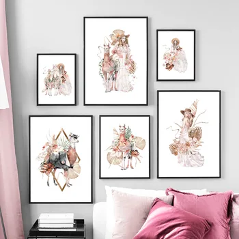

Cartoon Girl Alpaca Palm Plants Flower Nordic Posters And Prints Wall Art Canvas Painting Wall Pictures Kids Room Home Decor