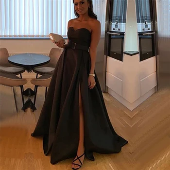 

Black Simple A-Line Sexy Sleeveless Evening Dresses 2020 Strapless YEWEN Satin Sashes Formal Dress Split Elegant Dress