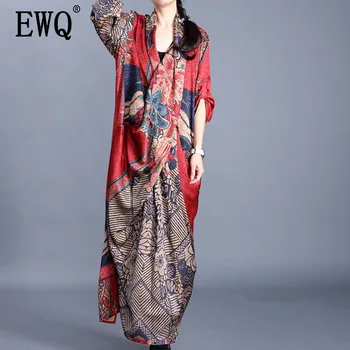 

[EWQ] 2020 Spring Summer New Arrivals V-neck Three Quarter Sleeve Print Pattern Women Casual Loose Irregular Dress AY46503