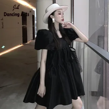 

Women Trumpet Dress Square Collar Short Sleeve High Waist Silk Satin Vestidos 2020 Female Elegant Sweet Solid Above Knee Dresses