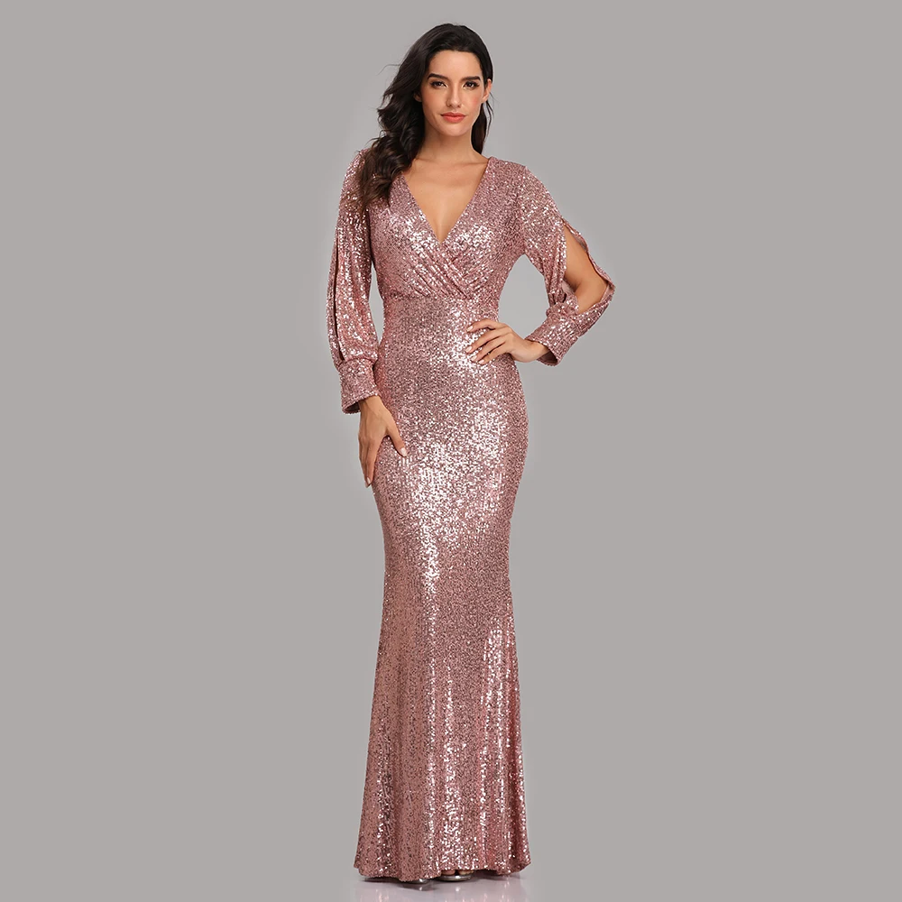 Beauty-Emily, вечернее платье с v-образным вырезом, с блестками, с длинным рукавом, бордовое, вечерние платья русалки, платья для выпускного вечера, Vestidos de festa robe de soiree - Цвет: Pink