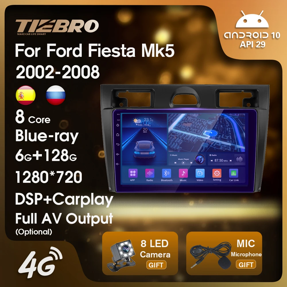 Автомагнитола TIEBRO 2DIN Android 2002 для Ford Fiesta Mk5 2008- автомобильный стереоприемник радио