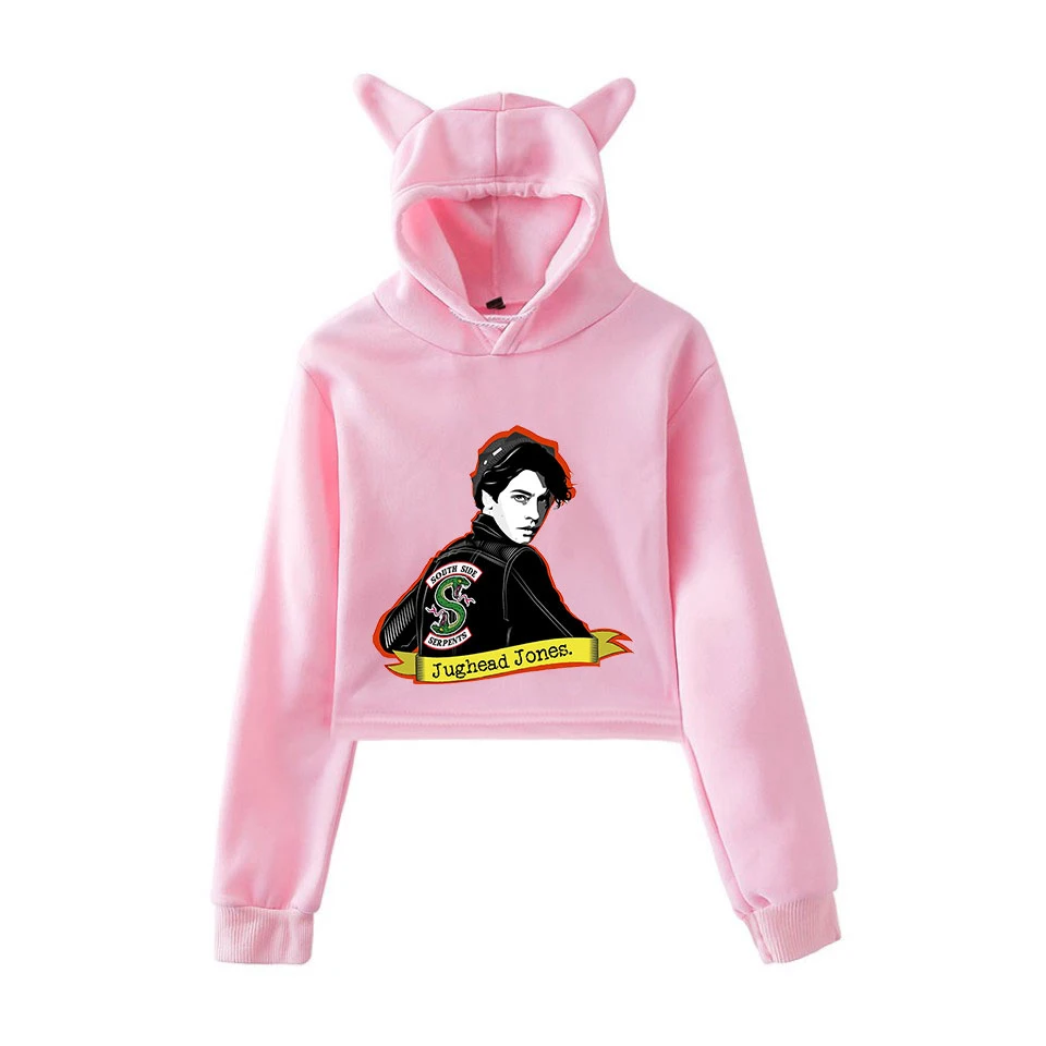 Модные осенние толстовки с изображением ривердейла для женщин Kawaii Pop Crop Top, худи с кошачьими ушами, толстовка с капюшоном для женщин и девочек, повседневные Черные Пуловеры