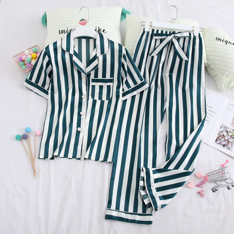 

Green Striped Women Pajamas Set Sweet Short Sleeve 2 PCS Shirt&Pant Female Casual 2PCS Sleepwear Nightwear Soft Home Clothes