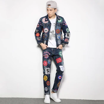 

Badge Denim Jacket Jeans Sets Men's Worn Slim Personality Tide Brand Street Dance Suit Embroidery Multi-badge Jacket And Jeans