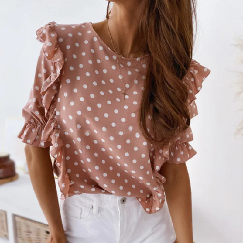 

Polka Dot Blouse Shirt Women Puff Sleeve Womens Tops and Blouse Short Sleeve Summer Ruffle Fashion Woman Blouses 2020 Feminine