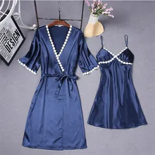 Темно-синий, пикантный женский халат, 2 шт., топ на бретелях, пижамный комплект, кимоно, одежда для сна, летняя Домашняя одежда, спальный костюм, банный халат, ночная рубашка, M-XL
