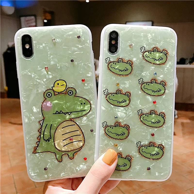 

Cute Cartoon Crocodile Diamond Glitter Phone Case For iPhone Xs MAX Case Xr X 7 8 6s plus soft Silicone Glossy Conch Shell Cover
