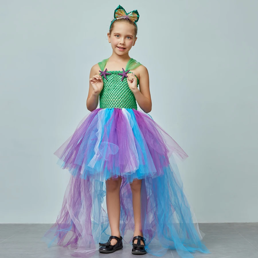 Girl Mermaid Costume Tutu Dress Siren Mermaid Dress with Trail Under the Sea Starfish Children Birthday Dress Pageant Ball Gowns (8)