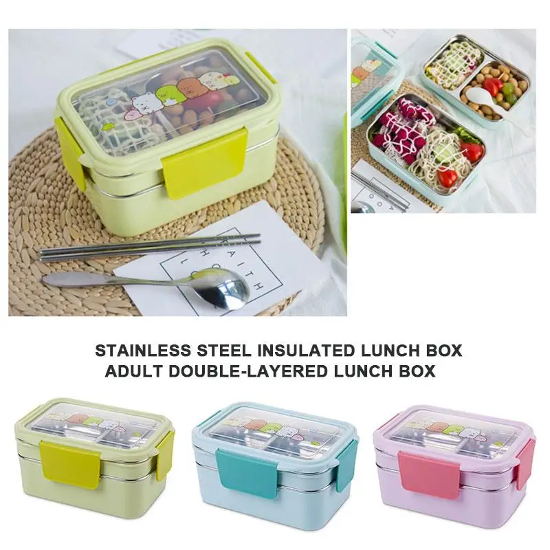 Bento Box Ланч-бокс, термо-Ланч-бокс, портативный, мультяшный, прочный, двухслойный, 304, нержавеющая сталь, изоляция столовых приборов