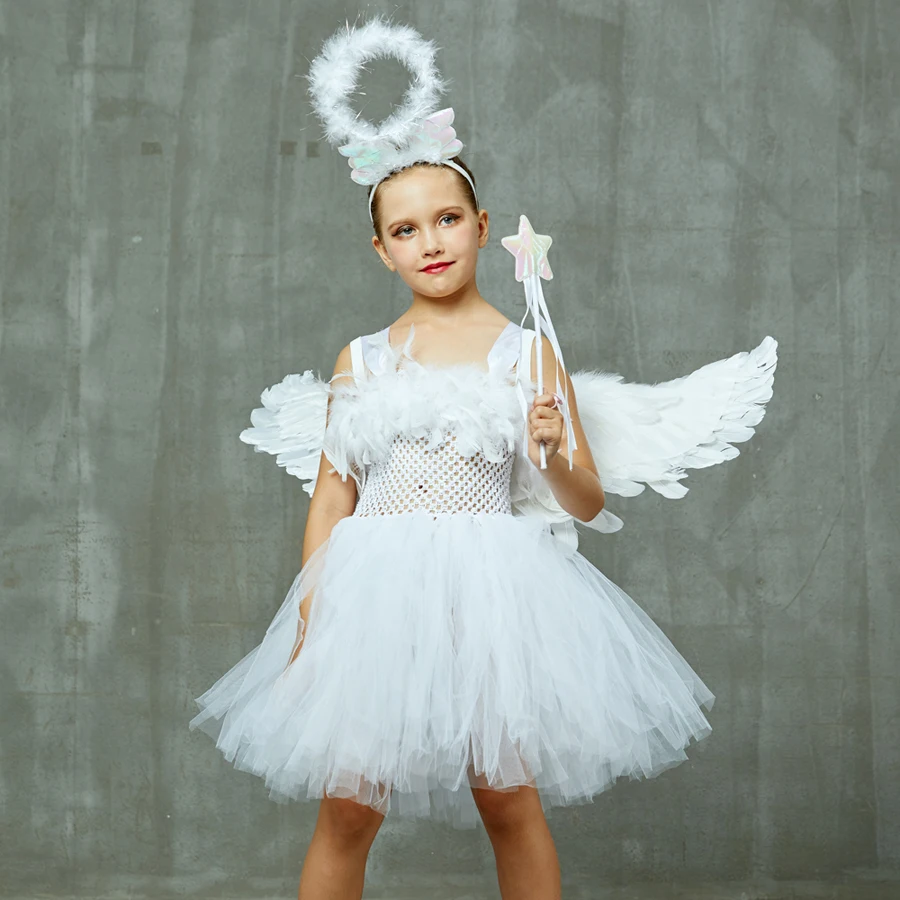 White Angel Girls Feather Tutu Dress Kids Halloween Birthday Party Costume Girl Christmas Nativity Dress with Wings Halo Outfit (19)