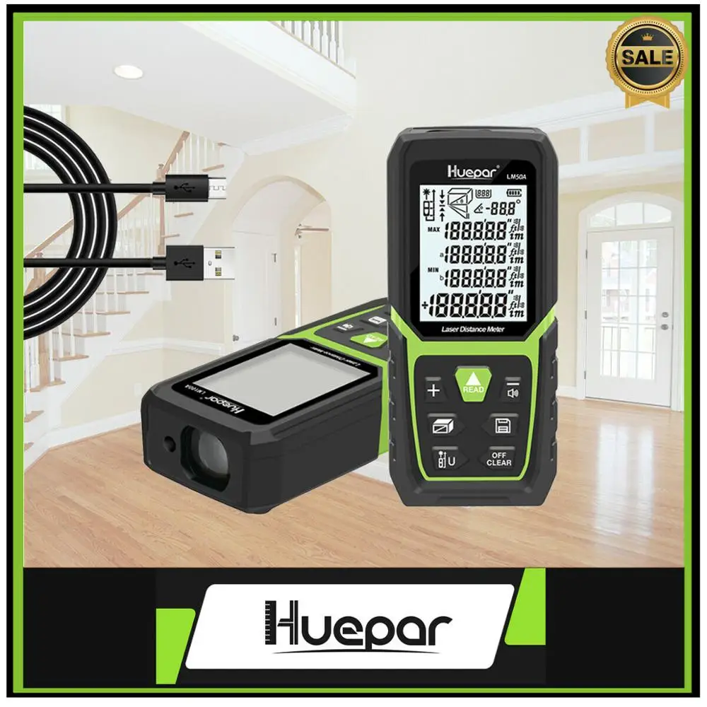Medidor de Distância a Laser Huepar Rangefinder Li-ion Bateria Elétrica Ângulo Sensor Range Finder Construir Medida Dispositivo Régua Ferramenta 50 m