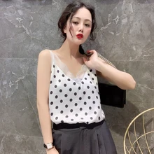 Korean Silk Top Women Polka Dot Satin Tank Top Sexy Women Lace Patchwork Tops Tees Plus Size Summer Woman Sleeveless Vest Camis