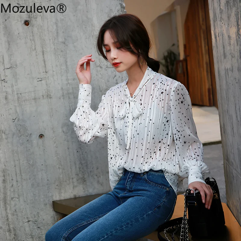 

Mozuleva Vintage Shiny Lurex Blouse Shirt Women Lantern Sleeve Bow Lace Up Female Tops Spring Summer Casual Stars blusas 2019