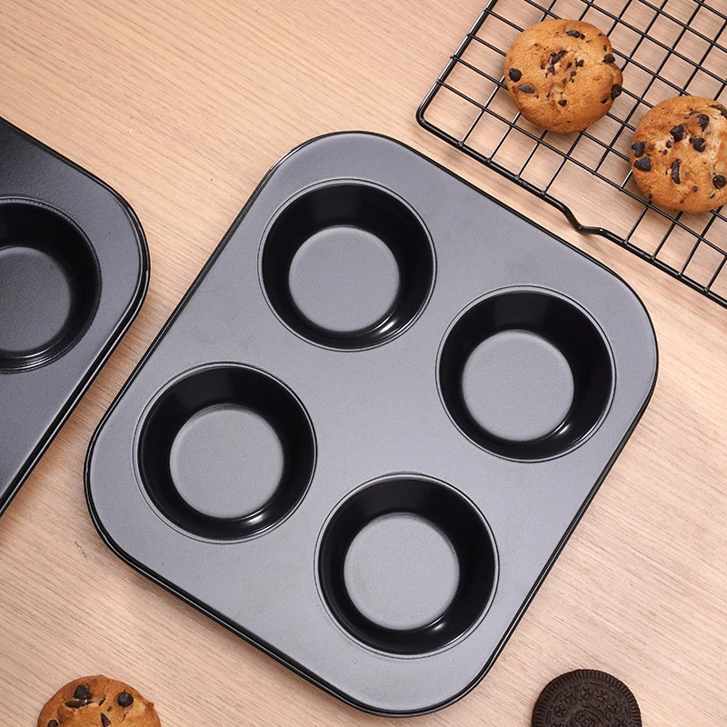 4 Holes Non-Stick Cupcake Baking Tray Carbon Steel Muffin Pan Cake Mould Egg Tart Baking Mold Round Biscuit Pan Kitchen Bakeware
