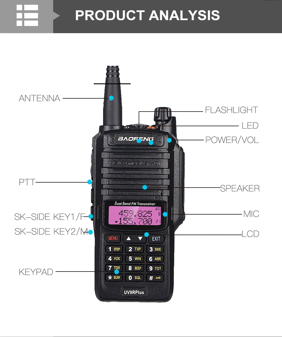 Baofeng UV-9R plus Walkie Talkie IP67 Водонепроницаемый главный динамик CB радио FM приемопередатчик UHF/VHF радио 10 Вт 4800 мАч uv 9r plus