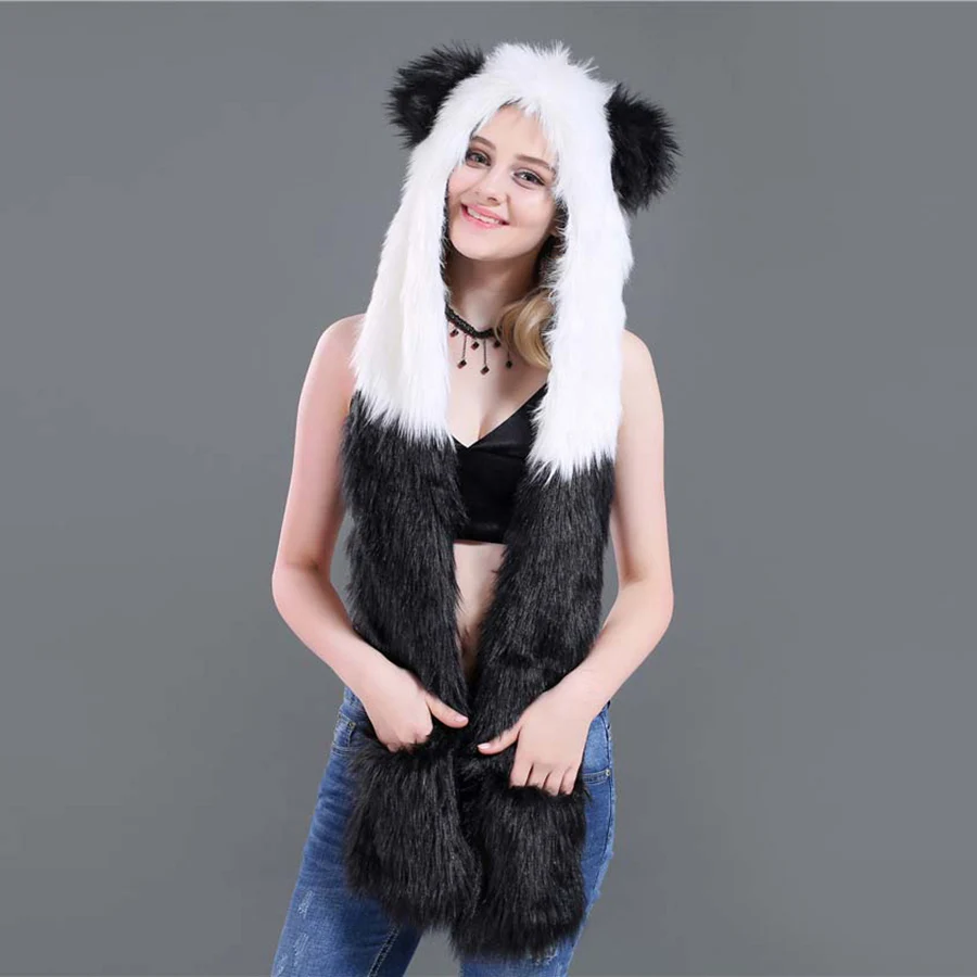 panda Модная зимняя шапка с ушками животных, шапка из искусственного меха, пояс, шарф и комплект перчаток для мужчин и женщин, капюшон волка тигра, шапка-бомбер, шапки, Рождественский подарок - Цвет: panda