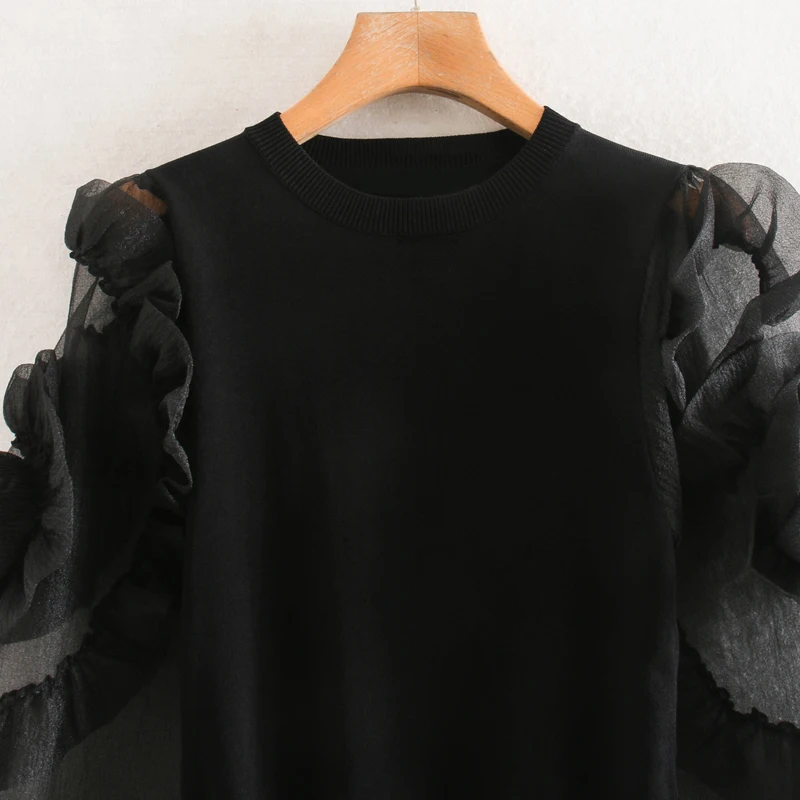 ZOEPO/Лоскутные футболки с круглым вырезом для женщин, модные тонкие перспективные топы из органзы, женские элегантные футболки с длинным рукавом для женщин