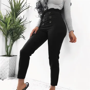 

Waveselvedge Button Decor Women Streetwear Black Pants Sexy High Waist Solid Color Pencil Pants Full Length Trousers 2019 Winter