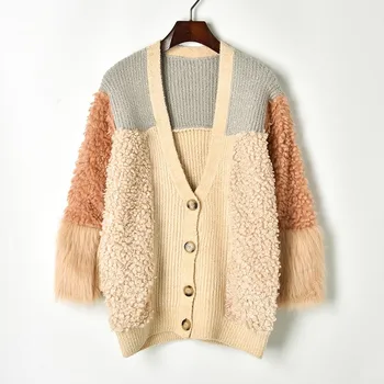 

2018 Women Autumn Winter Fleece Cashmere Sweater Contrast Patchwork Thick Sweater V-Neck Single Breasted Loose Cardigan Coat