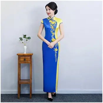 

Plus Size 6XL Sexy Slim Embroidery Appliques Wedding Cheongsam Chinese Traditional Dress Long Mandarin Collar Qipao