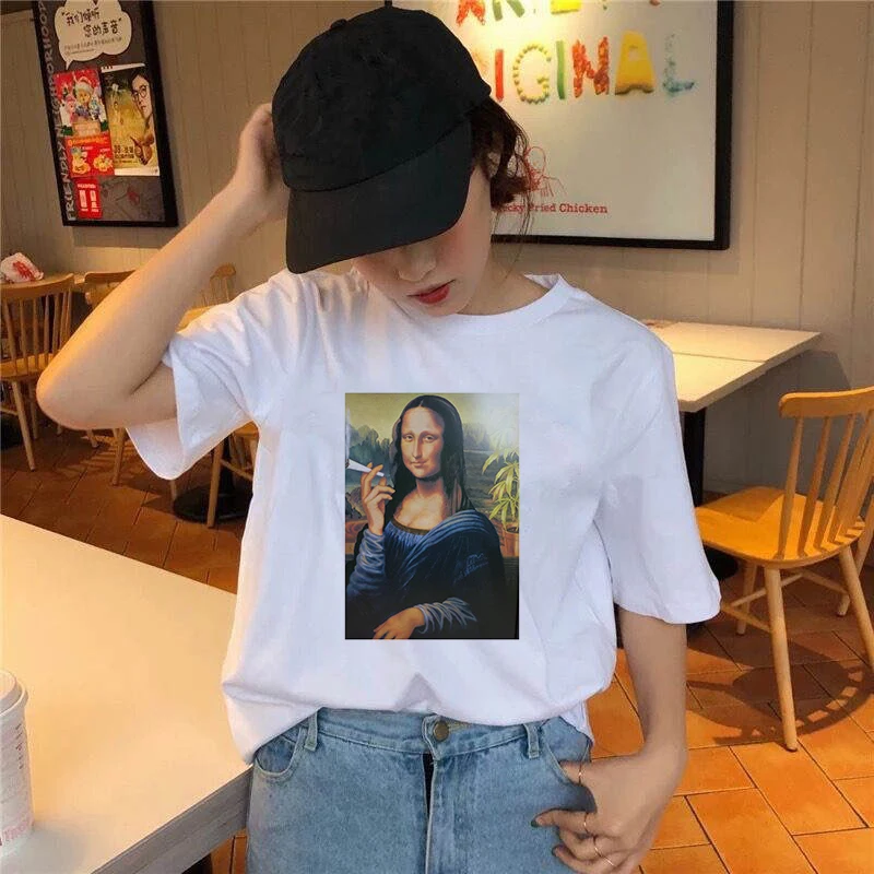 2020 Fashion Women Harajuku Change Mona Lisa Face Printed T Shirt Casual Short Sleeve Women's T-shirt Soft Female T shirt