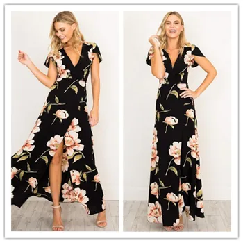 

Vintage Women Plus Size Dresses Ladies Flower Print Short Sleeve Fashion Girl Elegant Summer Boho V Neck Maxi Long Dress Jurkjes