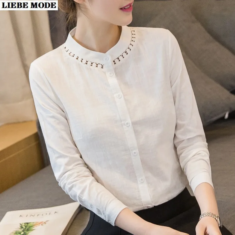 

Woman White Cotton Linen Blouses Shirts Women 2021 Fashion Hollow Out O Neck Tops and Blouses Long Sleeve Oversized Shirt 5XL
