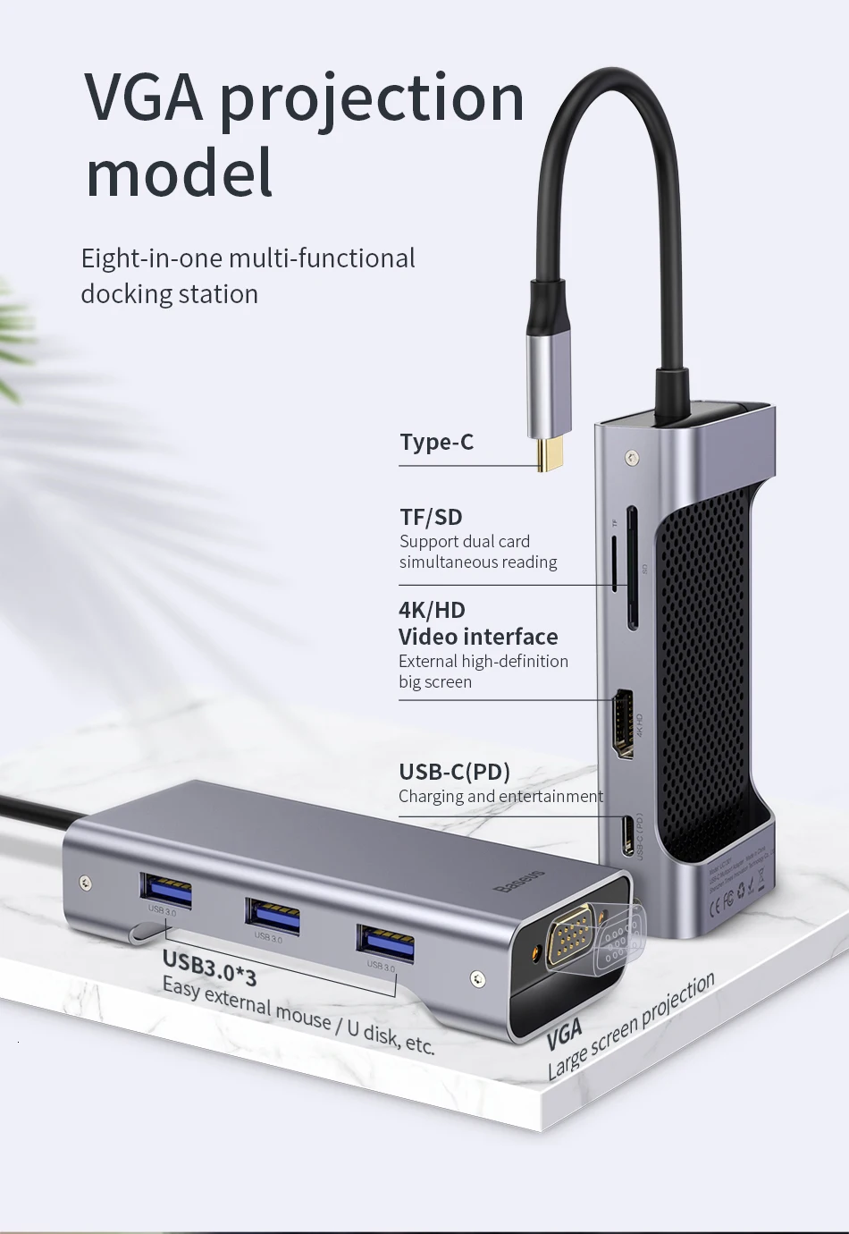 Baseus USB C концентратор type C к USB3.0 HDMI VGA RJ45 концентратор Мульти USB 3,0 адаптер питания type-c концентратор для MackBook Pro воздушный USB-C сплиттер