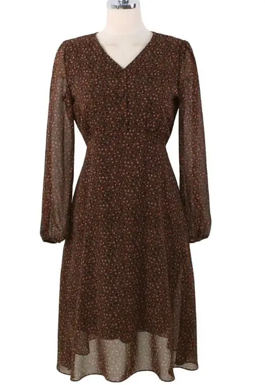 Осенние базовые платья женские модные с длинным рукавом Тонкий талия цветочный, отпечатанный, винтажный стиль одежды в Корейском стиле милый дизайн 9202 - Цвет: brown