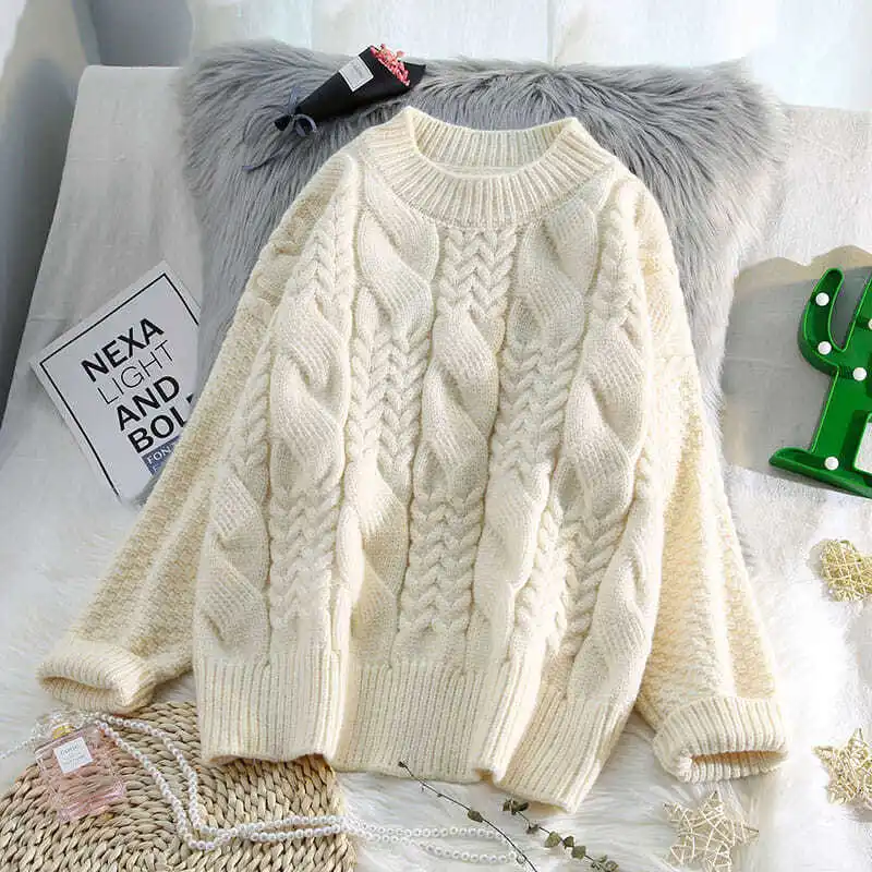 

Autumn Loose Women Twist Sweaters Thick Warm Female Pullovers Long Sleeve Ladies Knitted Tops 2021 Lazy Style Jumper Mujer
