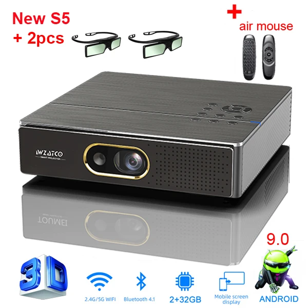 WZATCO S5 HD 4K Real 3D DLP Projector with Zoom, Auto Keystone,Android 9.0 WiFi LED Smart Portable Proyector Bluetooth Airplay sony projector Projectors