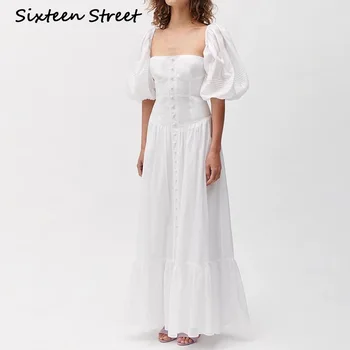

2020 New Summer White Long Dress Woman Puff Sleeve Square Collar Solid Maxi Dresses Female Runway Design Vintage Bodycon