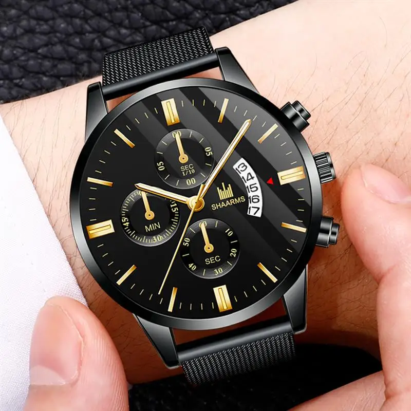 

SHAARMS 2019 Men Business Watches Black Mesh Band Wriswatch Male Man Quartz Watch Fashion Date Clock Relogio Masculino