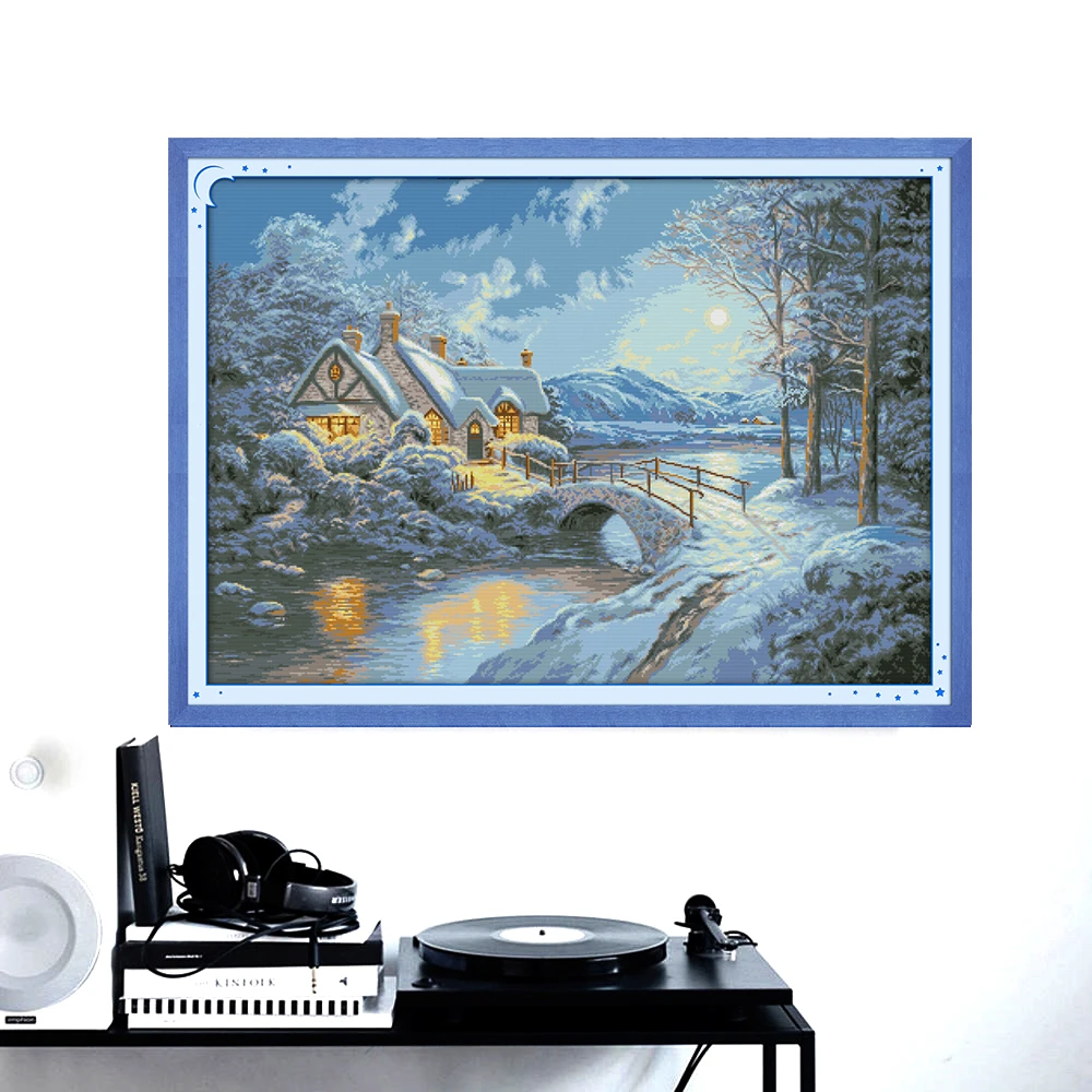 

HUACAN Cross Stitch Winter Scenery Needlework Sets For Full Kits White Canvas DIY Embroidery Snow Landscape Home Decor 14CT