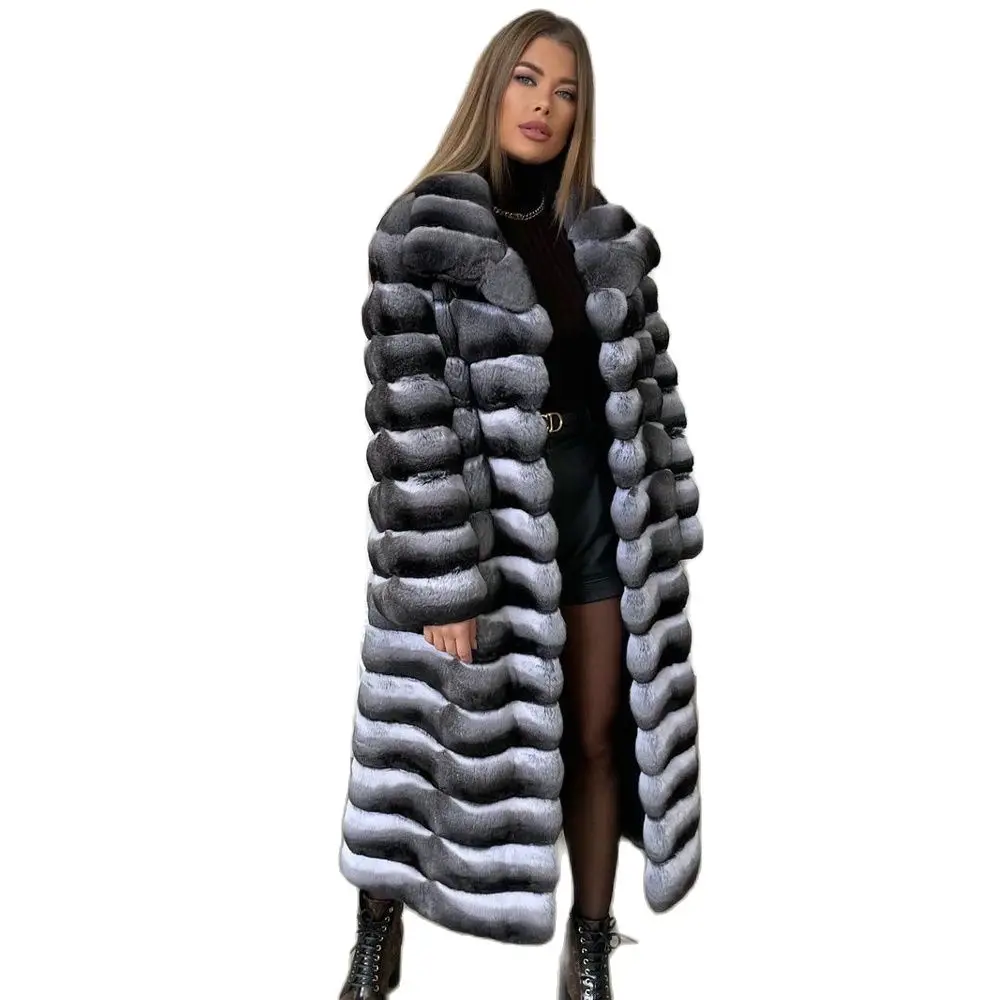 130cm Long Real Rex Rabbit Fur Coat with Lapel Collar Fashion Chinchilla Color Natural Rex Rabbit Fur Coat Luxury Fur Overcoats