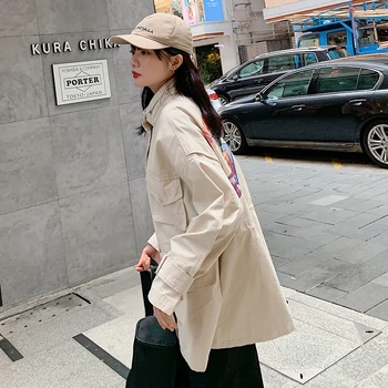 

2020 Spring And Autumn New Youth Popular Solid Color Loose Multi-pocket Long Trench Coat Fashion Casual Embroidered Shirt M-L