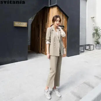 

Svitania Women Blazer Two-piece Loose Casual V-neck Office Lady Suit Ol Suit
